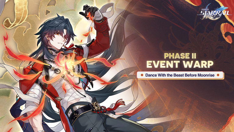 Honkai: Star Rail key art of Mortenax Blade, a dark-haired character in a red jacket with fire petals around his chest, beside the text Phase II Event Warp: Dance With the Beast Before Moonrise.