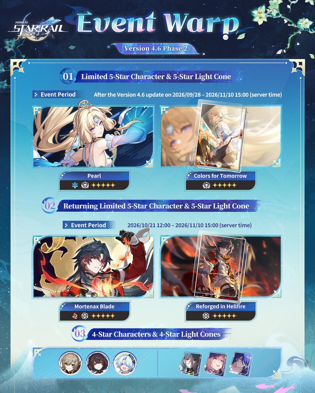 The Version 4.6 Phase 2 Event Warp graphic from HoYoverse, listing limited 5-star Pearl with the Colors for Tomorrow Light Cone, returning Mortenax Blade with the Reforged in Hellfire Light Cone, and three 4-star characters and Light Cones, with event periods in server time.