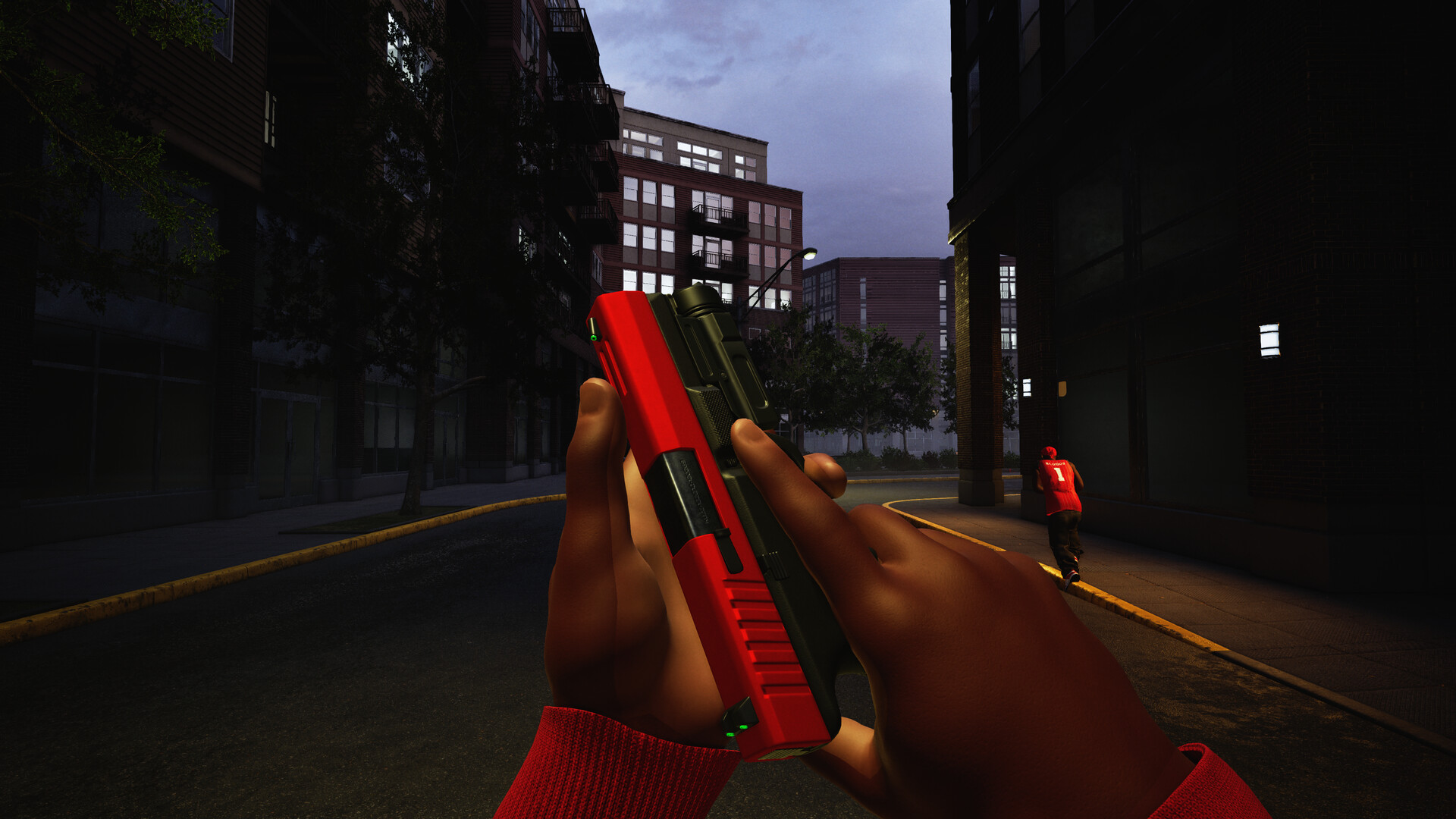A player in a red hoodie crouches behind a blue pickup truck in a shopfront car park, aiming a rifle