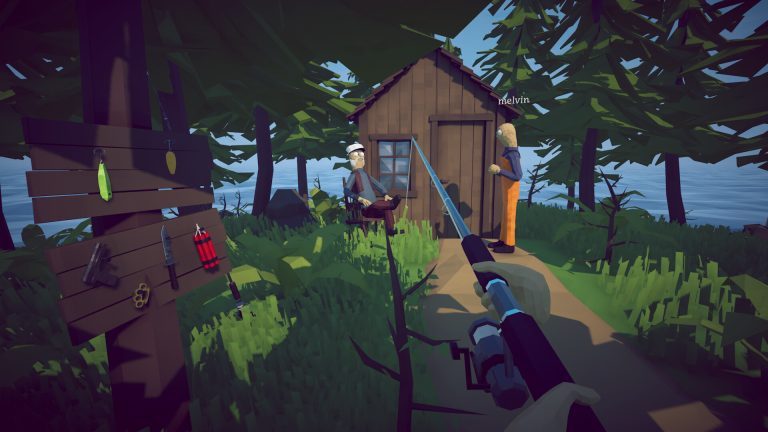 A first-person view of a fishing rod pointed along a dirt path to a wooden hut, where an old man in a sailor's cap sits in a chair beside a fisherman in orange overalls
