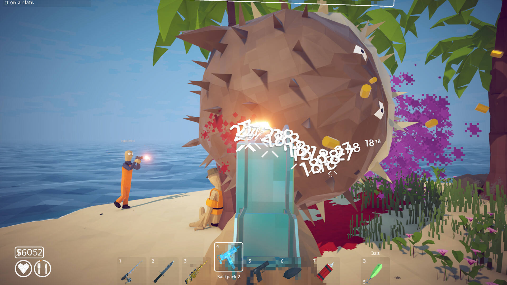 A fisherman in orange overalls fires a pistol at a huge spiked brown creature on a beach, with damage numbers filling the air and a weapon bar along the bottom