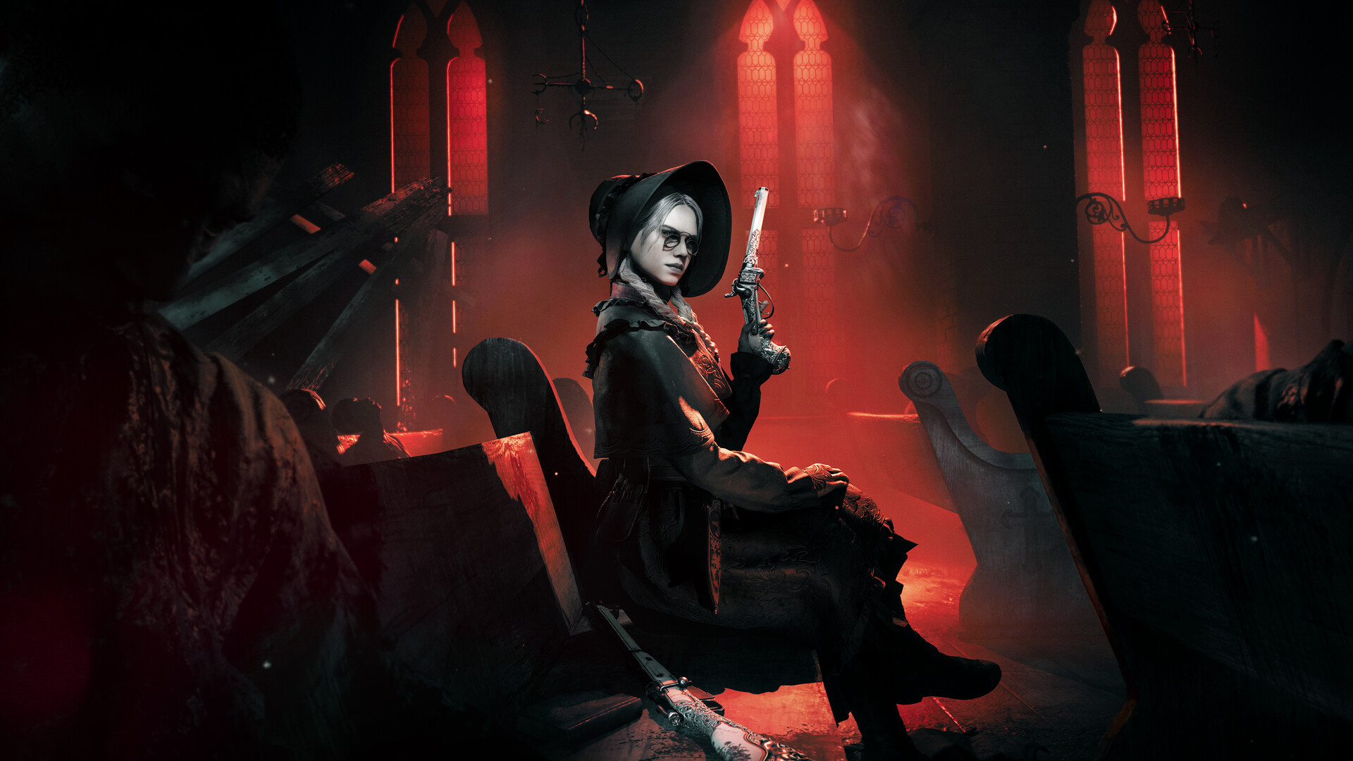 A woman in a dark bonnet and black dress sits in a red-lit chapel holding a pistol