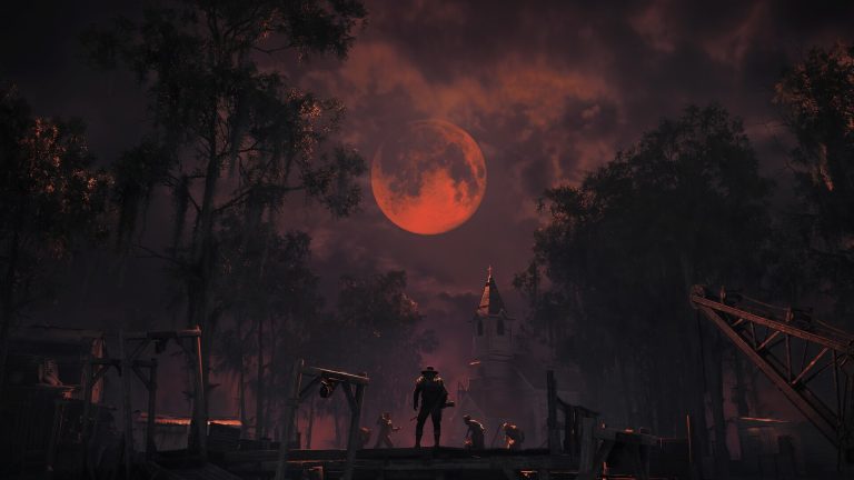Hunters stand on a swamp boardwalk under a huge red moon in Hunt: Showdown 1896