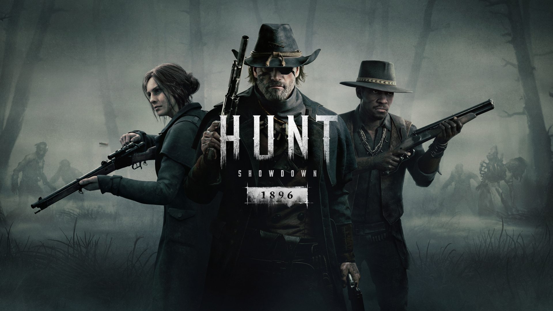 Three armed Hunters stand in a foggy swamp with monsters behind them in Hunt: Showdown 1896 key art