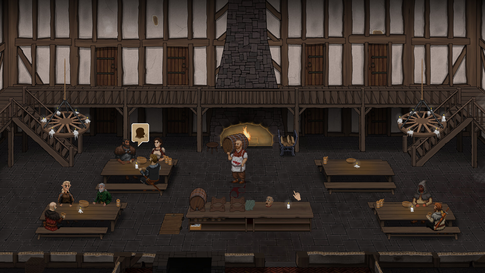 A pixel art medieval tavern hall with guests at wooden tables, a fireplace and balconies