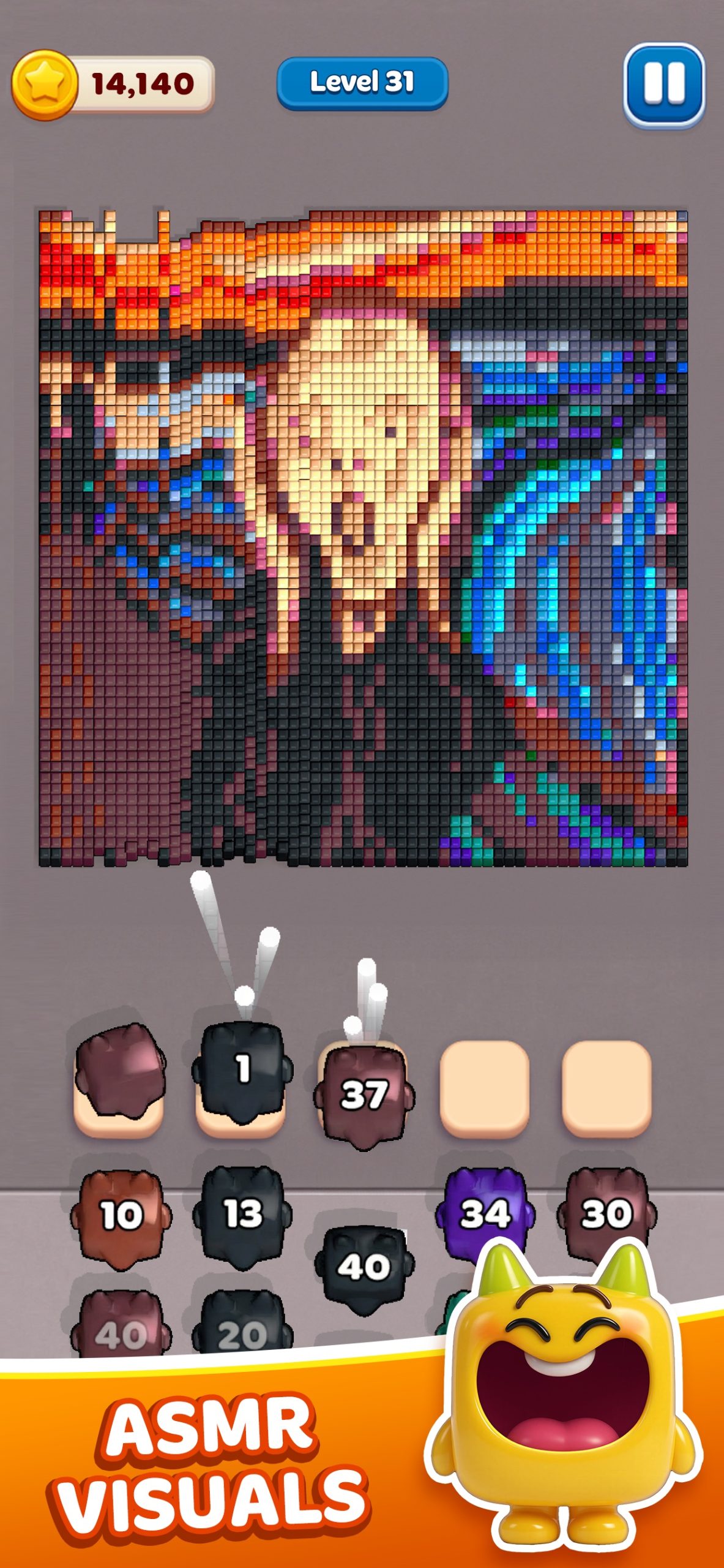 Jelly Busters. A phone screenshot of level 31, with a pixel picture of The Scream being broken up above a tray of numbered jelly cubes and the words ASMR visuals.