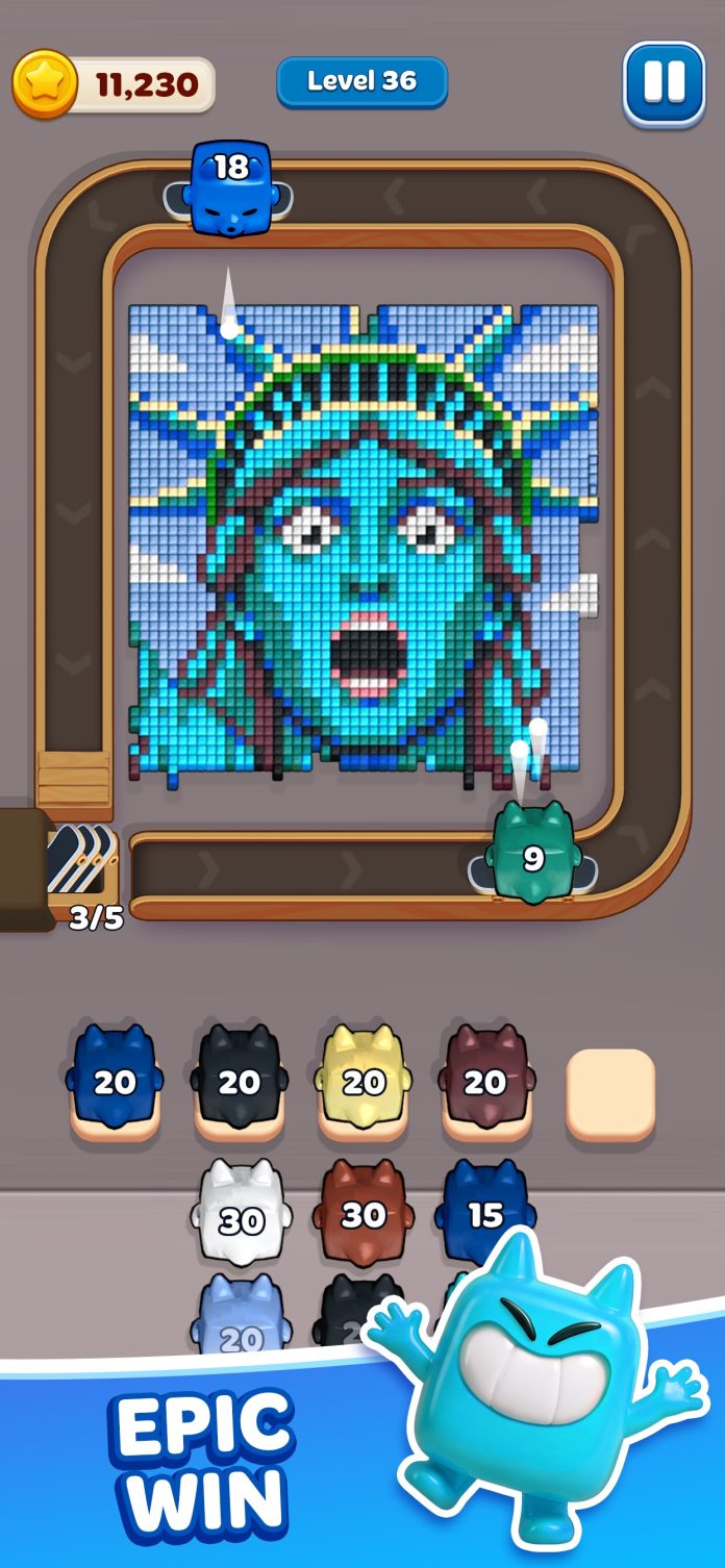 Jelly Busters. A phone screenshot of level 36, with jelly cubes on skateboards shooting at a pixel picture of a shocked Statue of Liberty. Image: Moon Active