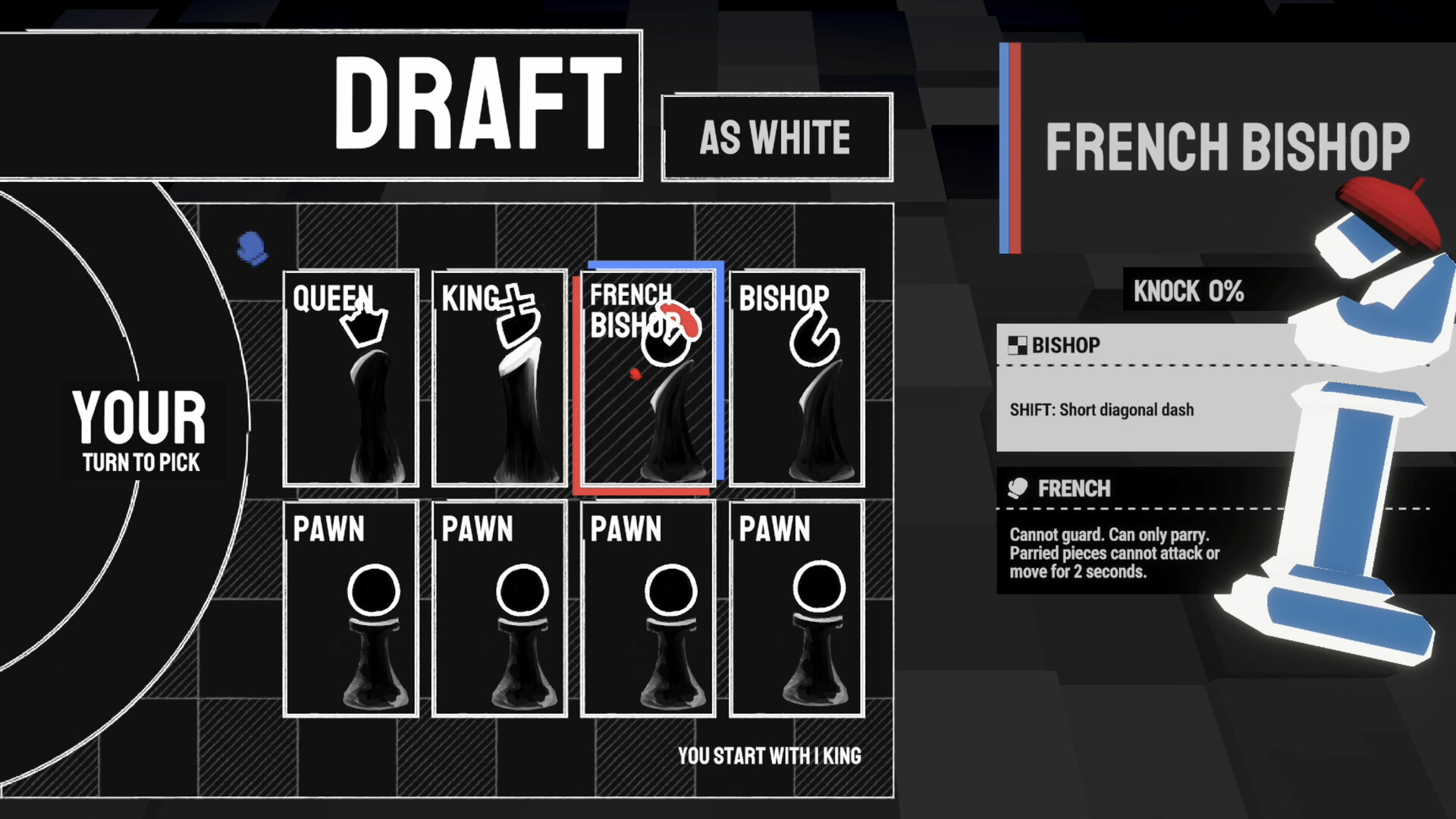 A black and white draft screen in KING OUT with chess pieces on cards, a French Bishop highlighted, and a stats panel with a red beret on the bishop