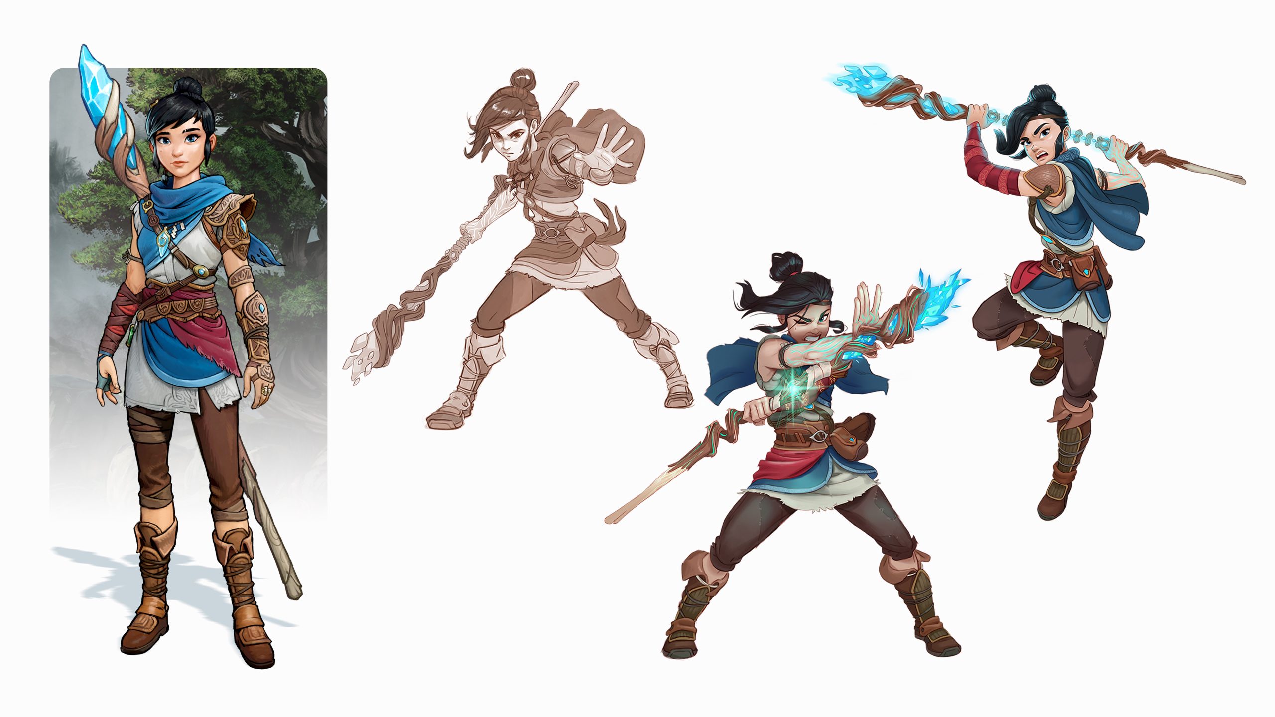 Character art of Kena holding a glowing blue staff, shown standing, in a sketched pose and in two action poses