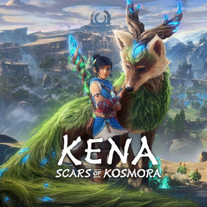 Kena Scars of Kosmora key art. Image: Ember Lab Kena holding a glowing staff beside a large furry canine companion with a leafy green mane, above a cliffside landscape