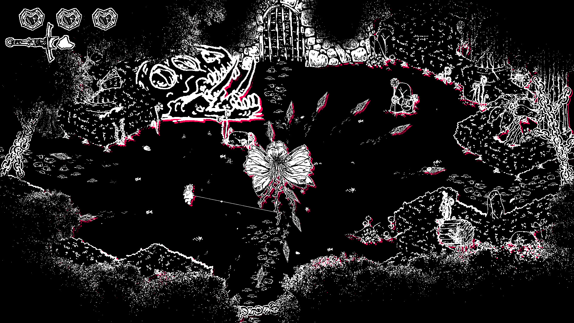 A hand-drawn black and white scene of a winged fairy dodging projectiles in a ruined, overgrown room