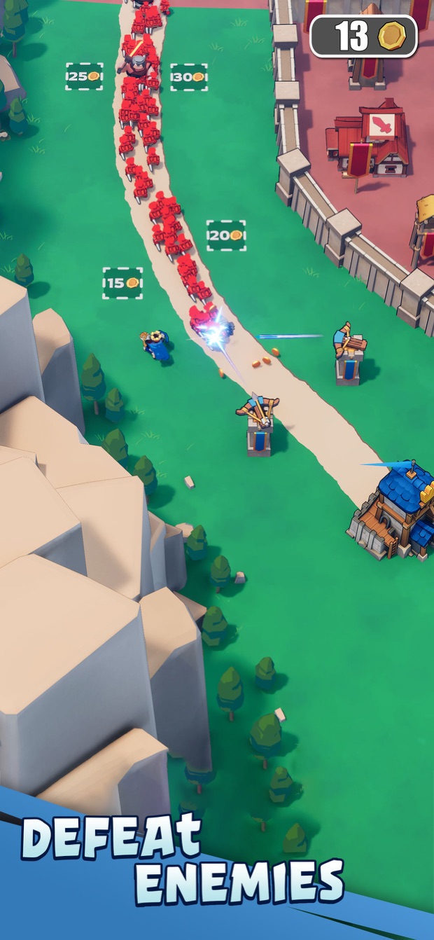 Kingshot App Store screenshot of a defending army firing at a column of red enemies along a path beside a walled town