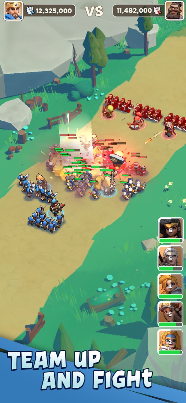 Kingshot team battle screenshot. Image: Century Games Kingshot App Store screenshot of two armies fighting on a dirt road, with a power comparison across the top and five hero portraits down the side