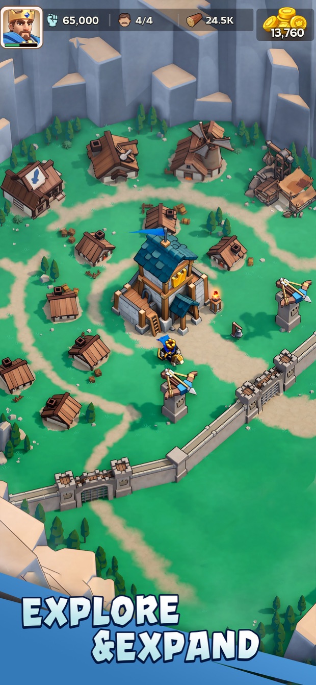 Kingshot App Store screenshot of a walled village with a central town hall, wooden houses and archer towers