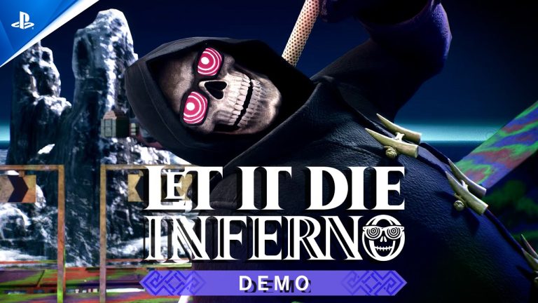 Let It Die: Inferno Demo. A grinning skull in a dark hood with spiral pink eyes, beside the Let It Die Inferno logo and the word Demo. Image: PlayStation / GungHo Online Entertainment