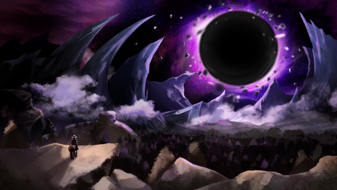 Lightspeed Outlaw key art. Image: Six Shot Games A lone rider on horseback looks out from a rocky ledge at jagged blue-grey rock spires and a huge black hole ringed in purple light in the night sky