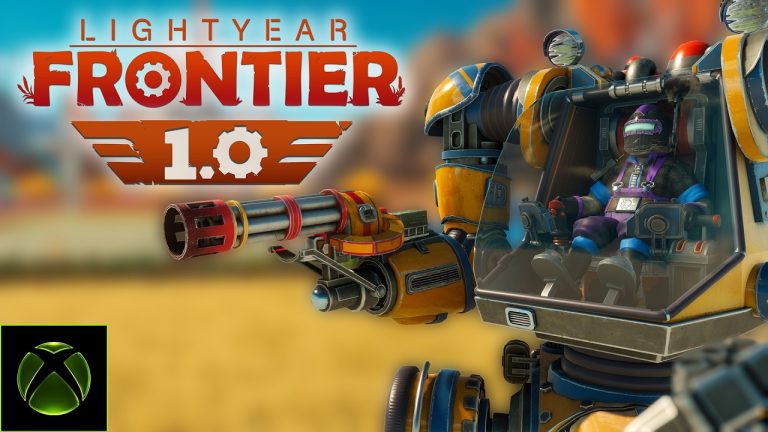 Lightyear Frontier 1.0 logo beside a yellow farming mech fitted with a minigun, its pilot in the cockpit