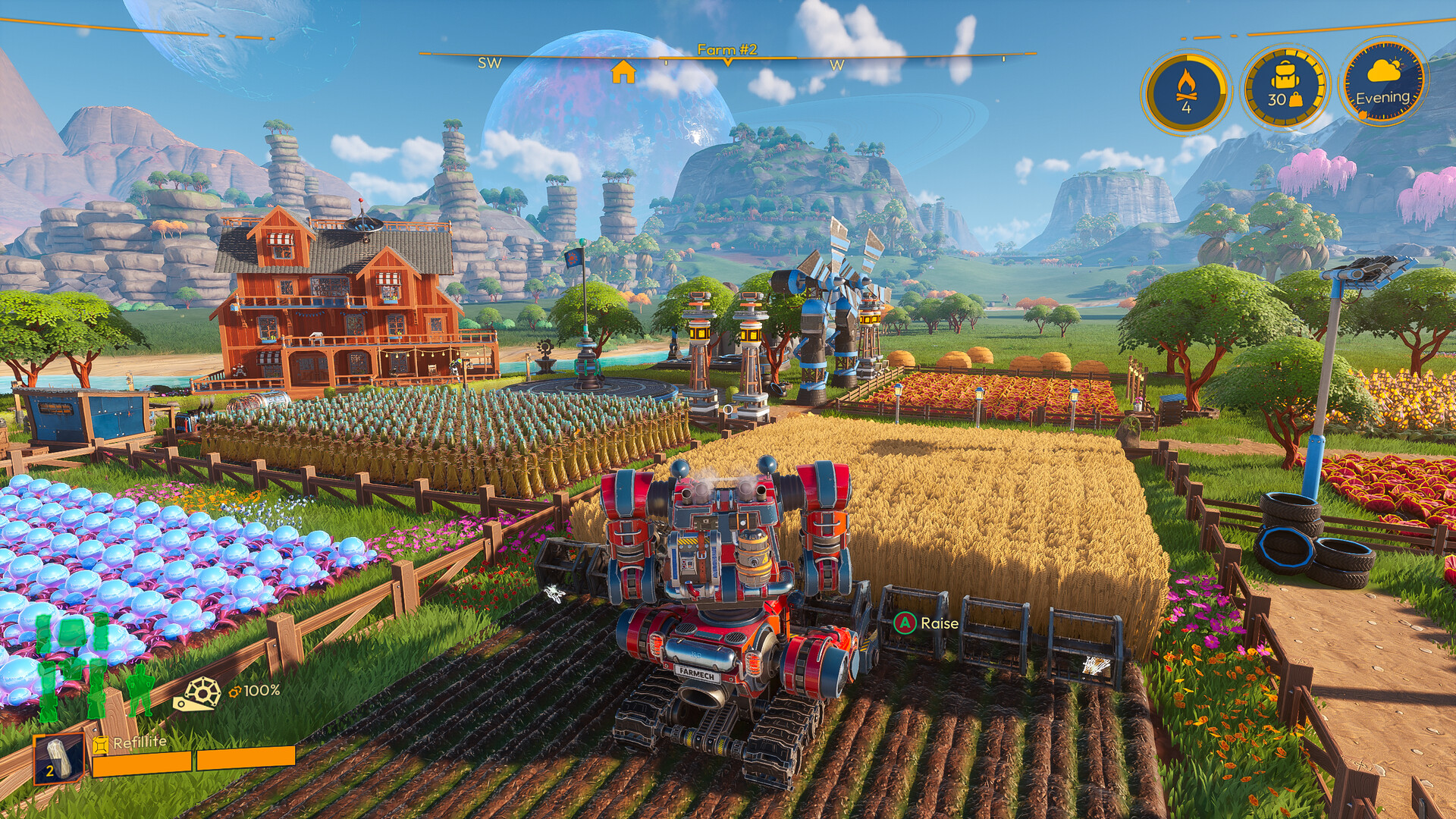 A mech working rows of alien crops on a homestead farm, with a red farmhouse and rock spires behind