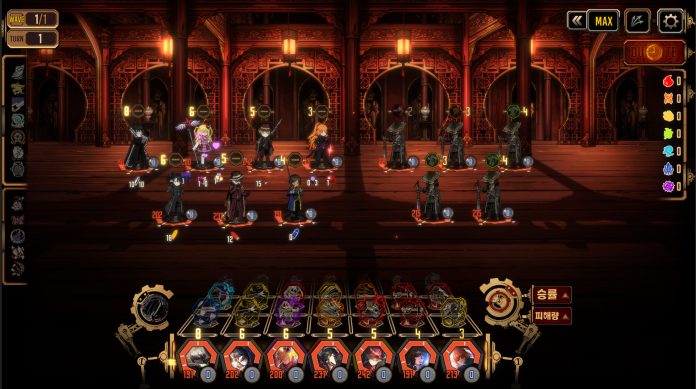 Limbus Company: a team of Sinners lined up against a row of enemies in a red-lit, lantern-hung hall.