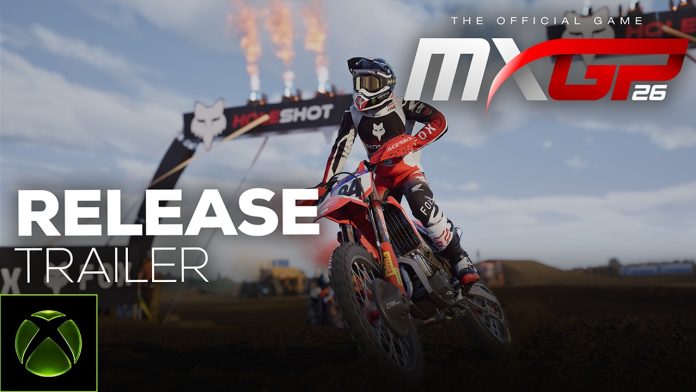 MXGP 26 release trailer title card, with a motocross rider in the air above a start gate