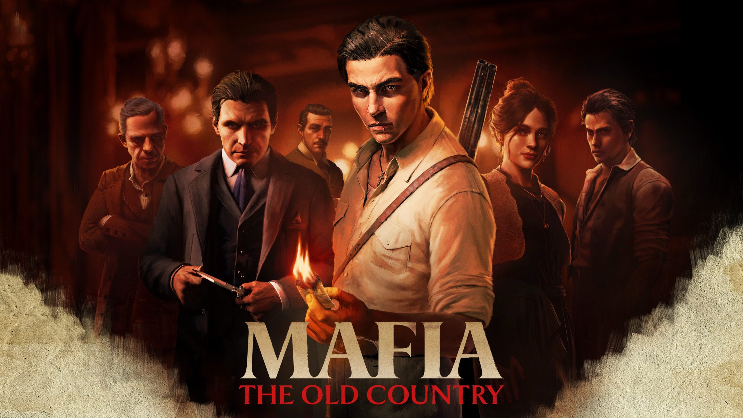 Key art for Mafia: The Old Country showing a group of men and women in 1900s dress, the lead holding a lit match and a knife