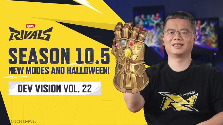 Marvel Rivals Season 10.5 New Modes and Halloween Dev Vision Vol. 22 title card with a developer holding an Infinity Gauntlet