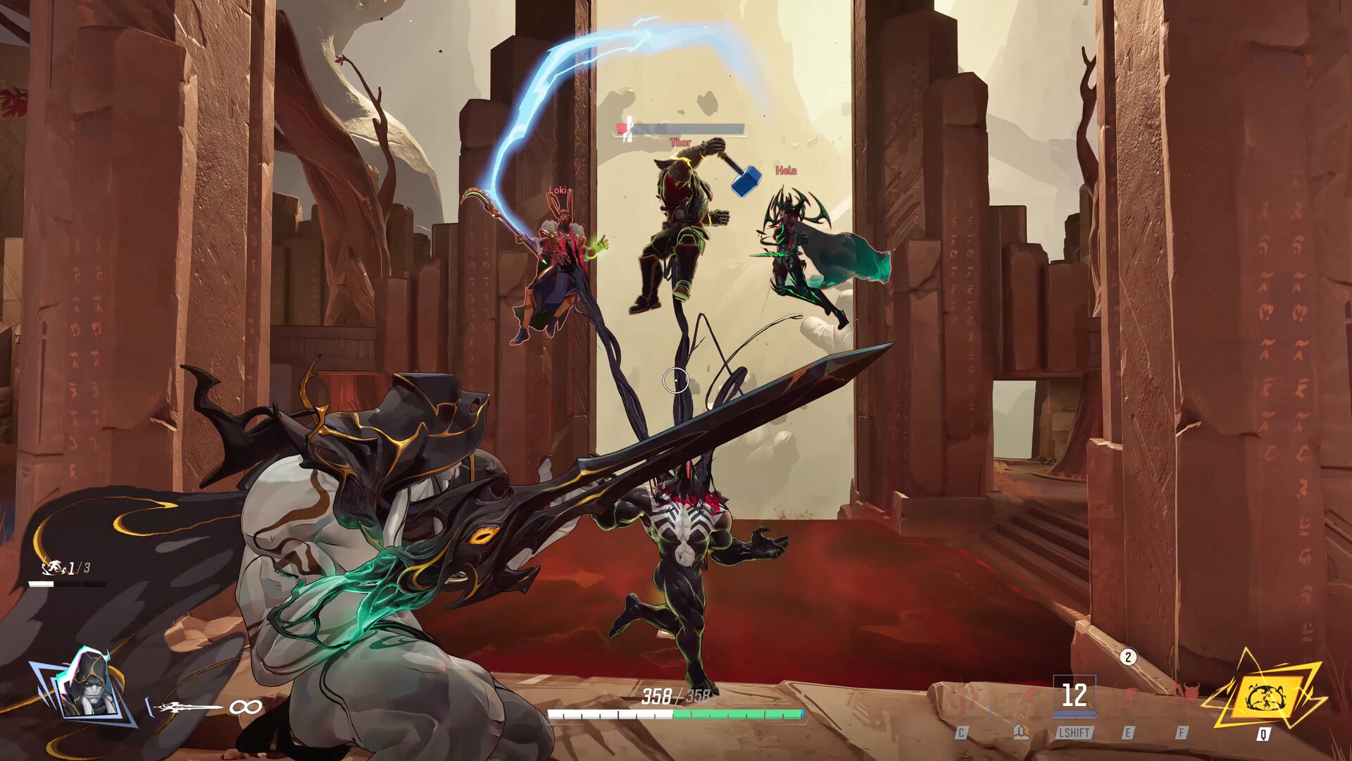 A first-person view of a hooded hero swinging a dark blade at Venom and other heroes leaping through a stone temple