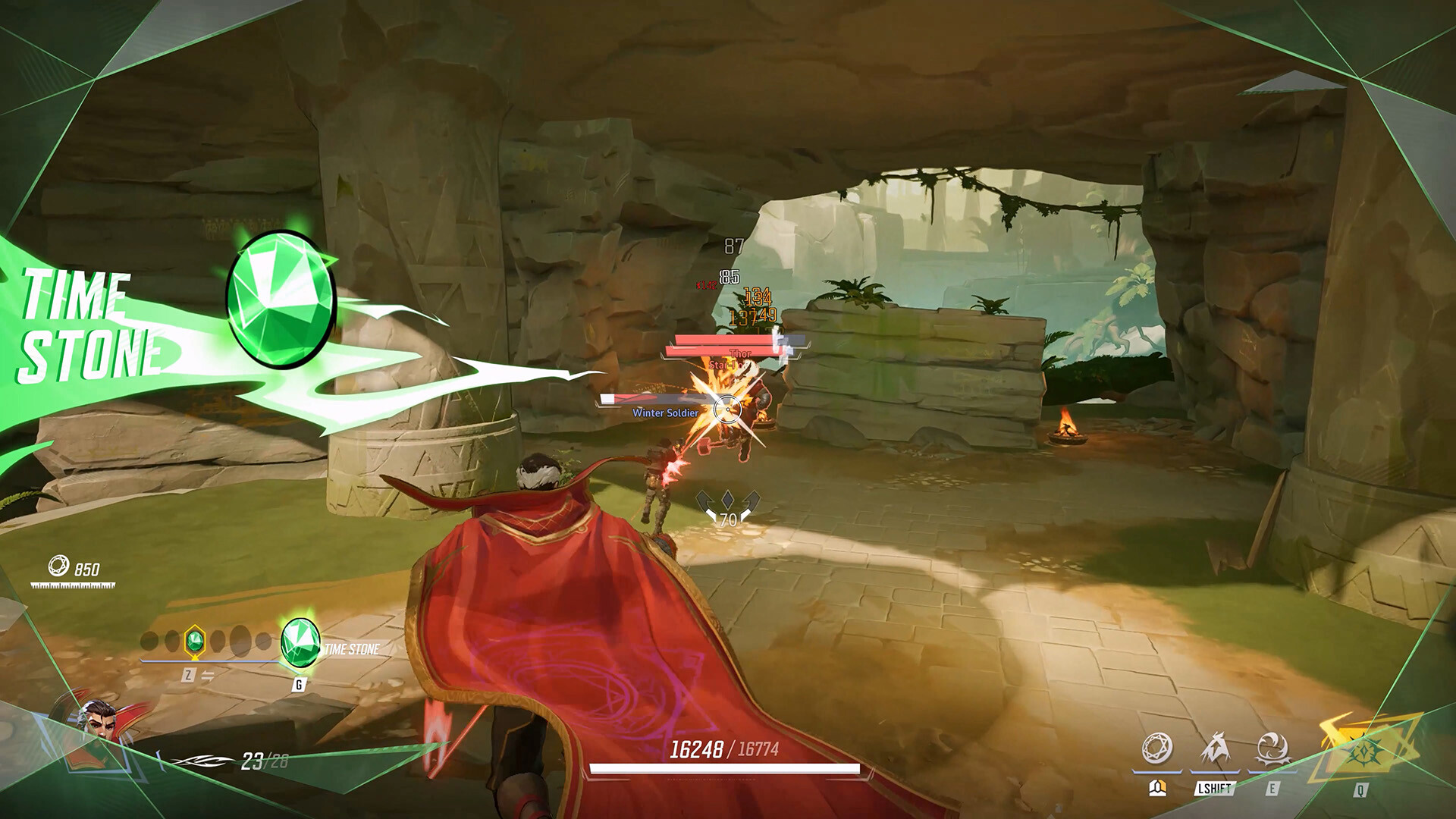A Marvel Rivals screenshot from behind a hero in a red cloak firing at enemies in a stone ruin, with a green Time Stone icon at the left.