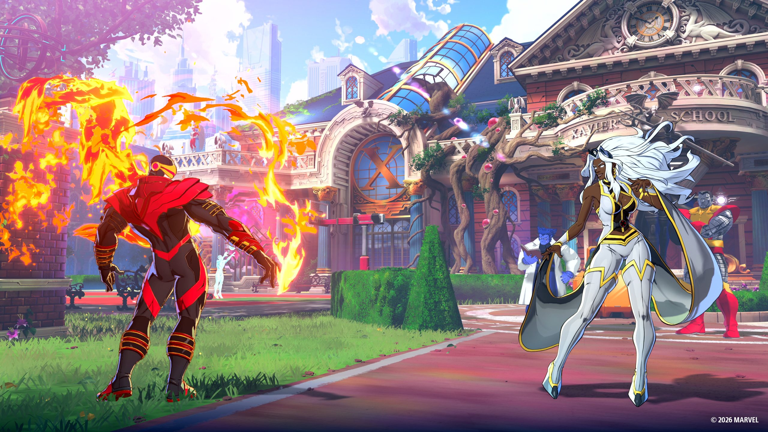 Phoenix Cyclops wreathed in flame faces Storm on a stage in front of the Xavier school