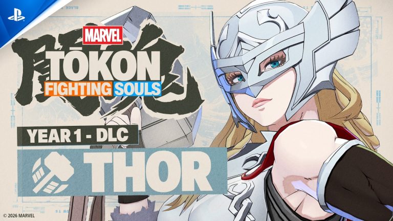 Jane Foster as Thor in a silver helmet, with a hammer behind her, beside the Marvel Tōkon: Fighting Souls logo and the words Year 1 DLC Thor