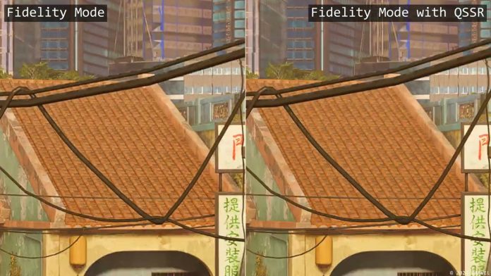 Side-by-side comparison of a tiled roof and power lines in Marvel's Wolverine, Fidelity Mode against Fidelity Mode with QSSR