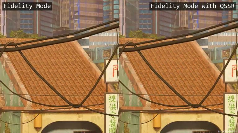 Side-by-side comparison of a tiled roof and power lines in Marvel's Wolverine, Fidelity Mode against Fidelity Mode with QSSR