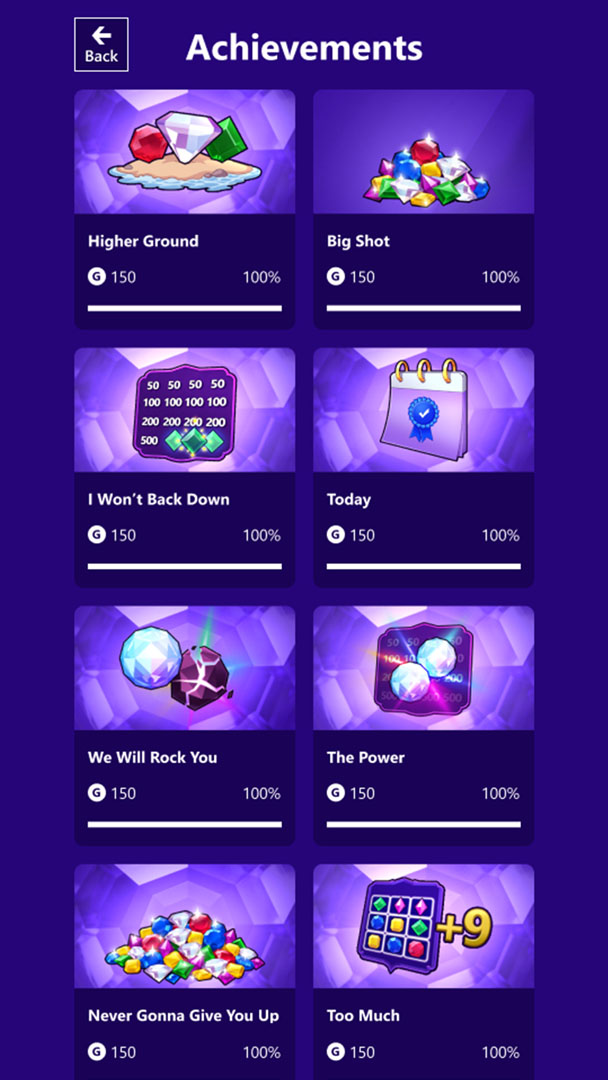 Microsoft Jewel achievements screen listing completed achievements worth 150 Gamerscore each