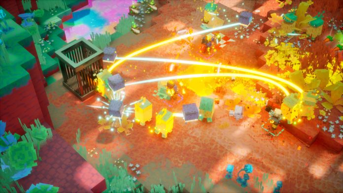 Blocky heroes fire glowing arrows into a crowd of mobs across a colourful autumn landscape