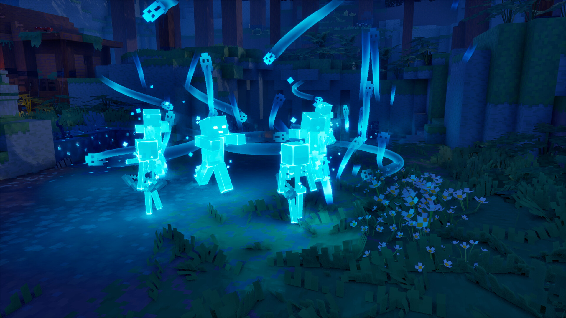 Glowing blue spectral figures swirl through a dark blocky forest