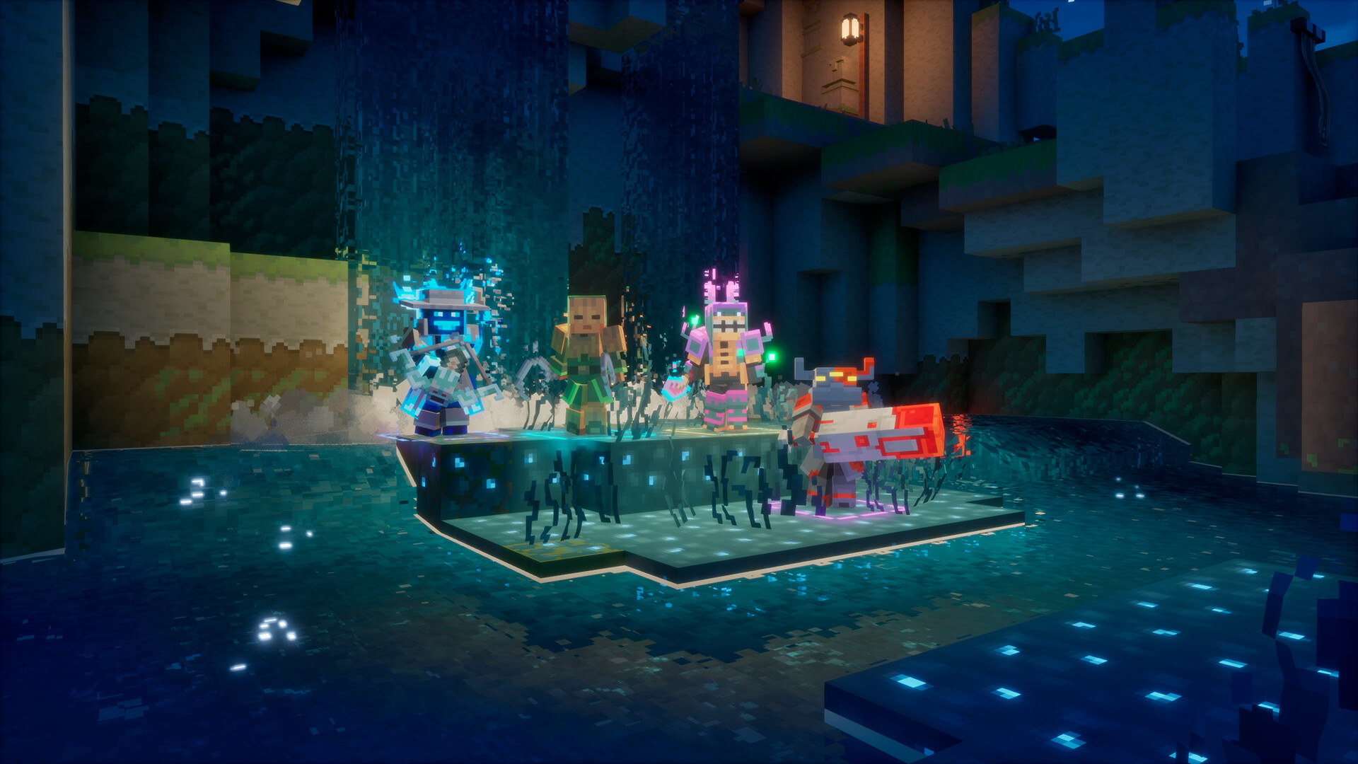Four heroes stand on a platform in a dark flooded cave lit by glowing blue blocks