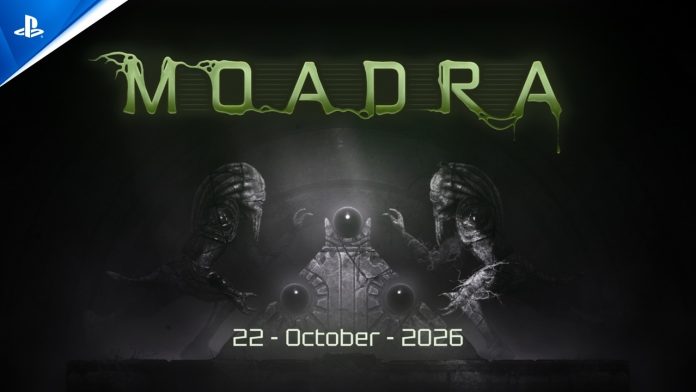 Moadra release date trailer. Image: Gloomsoft Moadra title card in green lettering above two alien statues and the date 22 October 2026