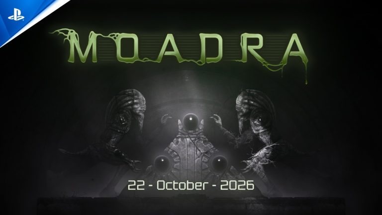 Moadra title card in green lettering above two alien statues and the date 22 October 2026