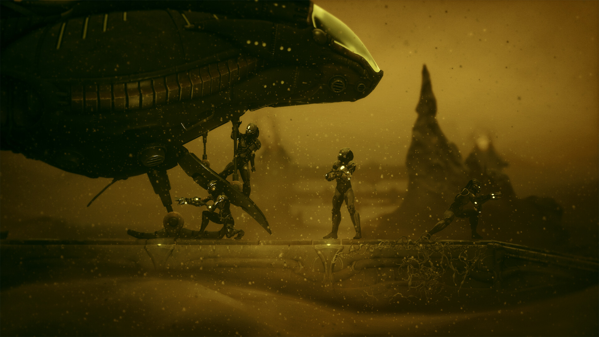 Armoured figures disembarking from a large landed ship onto a sandy, amber-lit alien surface