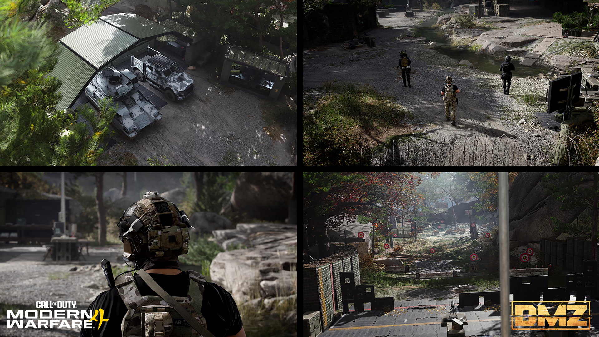 Four views of the DMZ Forward Operating Base, including vehicles under a shelter, operators on a path and a firing range