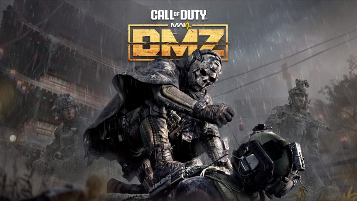 Call of Duty Modern Warfare 4 DMZ key art: a skull-masked Operator crouches over a fallen soldier in the rain