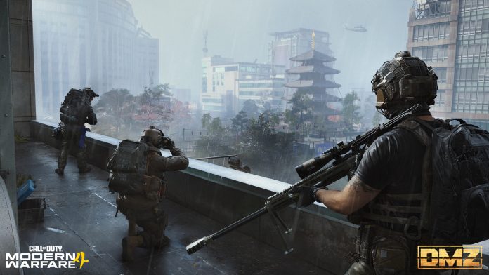 A DMZ squad with a sniper rifle watches over a rainy city with a pagoda from a rooftop, under the Modern Warfare 4 and DMZ logos