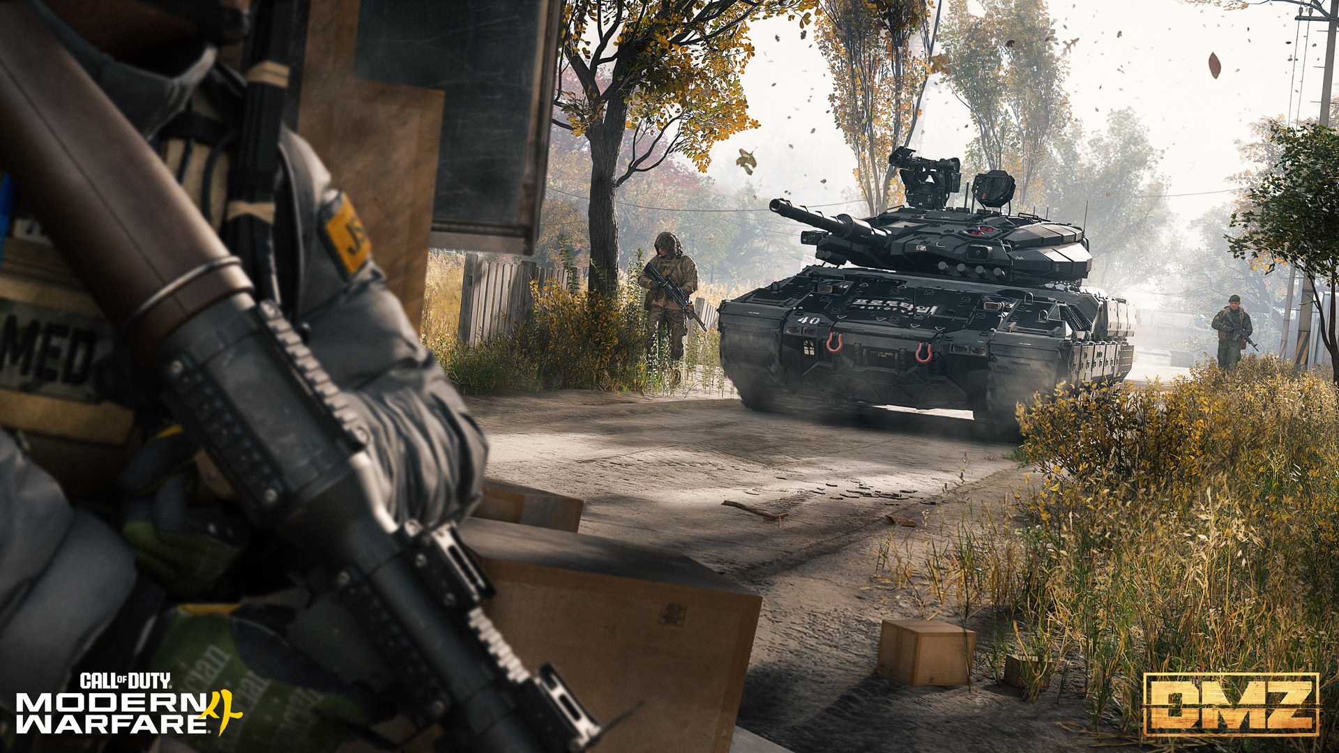 A tank rolls down a leafy road toward soldiers as an Operator holds a launcher in the foreground in Modern Warfare 4's DMZ