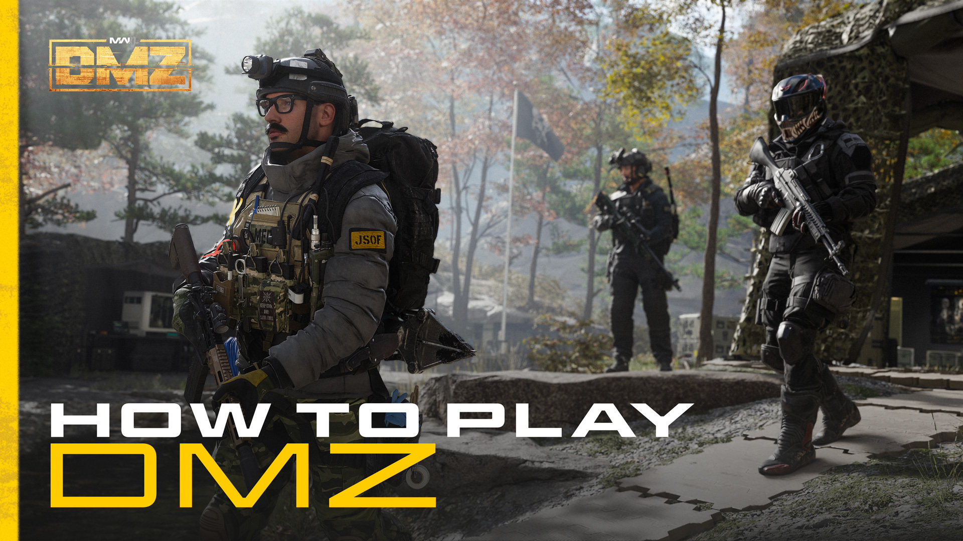 Three armed operators stand in an autumn forest camp beside the words How to Play DMZ