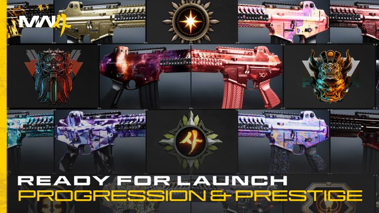 Modern Warfare 4 graphic reading Ready for Launch, Progression and Prestige, over a grid of weapon camos and prestige emblems.