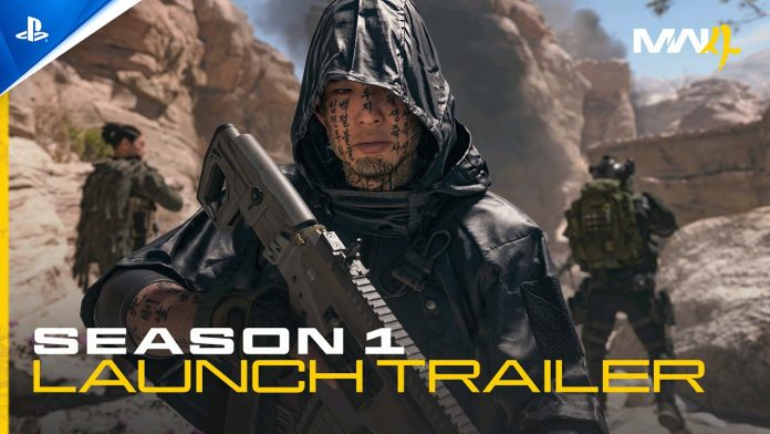 A hooded operator with script tattooed across his face holds a rifle beside two soldiers, under the words Season 1 Launch Trailer, from Call of Duty: Modern Warfare 4