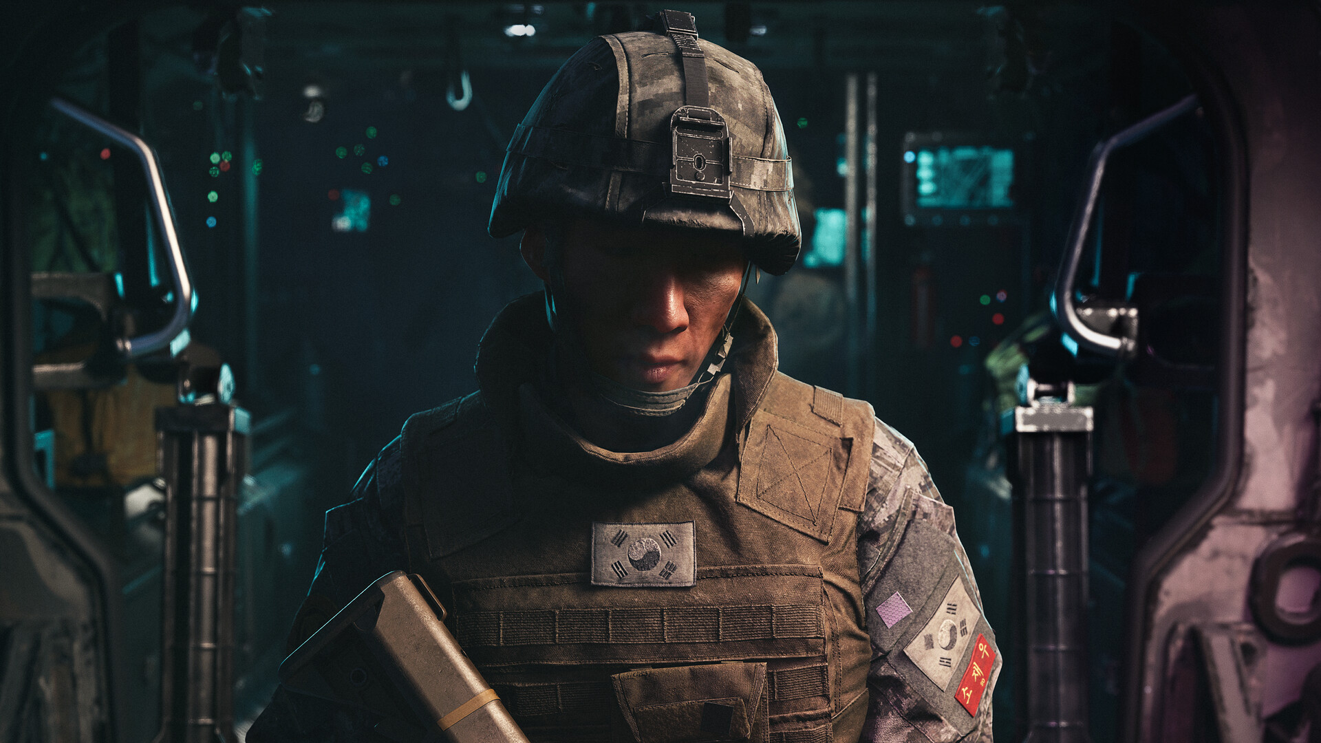 Modern Warfare 4: a helmeted soldier with South Korean flag patches on his vest and sleeve stands inside a dim transport