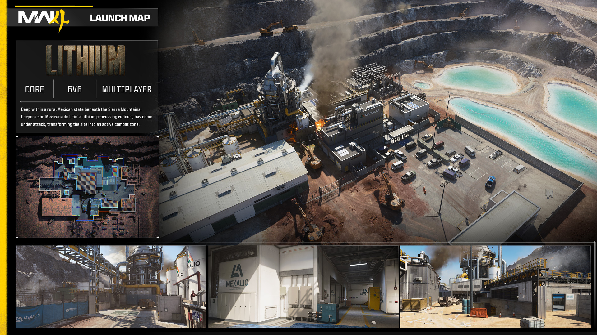 Modern Warfare 4 launch map graphic for Lithium, a core 6v6 map set in a lithium processing refinery beside an open pit mine, with an overhead layout and three in-game views.