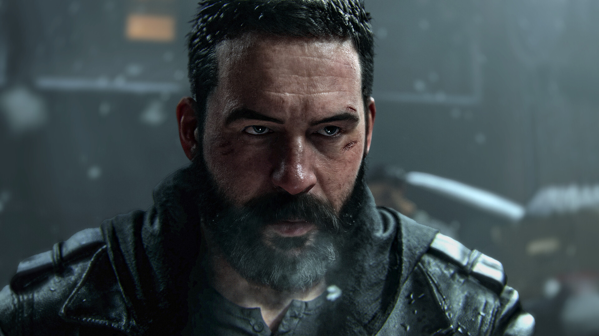 Call of Duty: Modern Warfare 4. A close-up of a bearded, scarred man in a dark jacket.