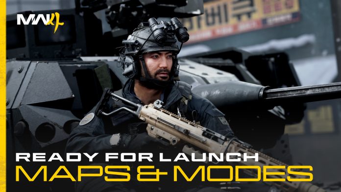 Modern Warfare 4 artwork of an operator in a helmet with mounted night-vision goggles, crouched beside an armoured vehicle, under the text Ready for Launch: Maps and Modes.